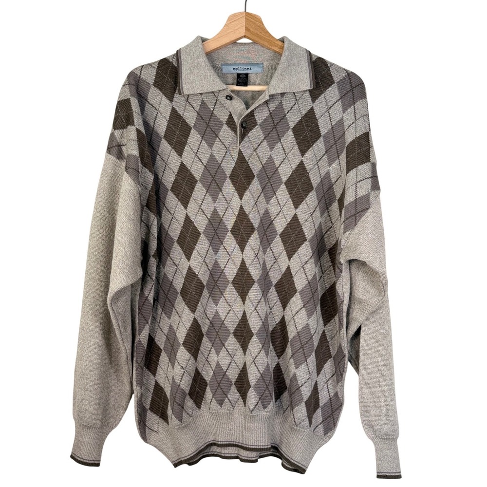 Vtg Cellinni Mens Argyle Merino Wool Sweater‎ Tan Made in Italy Polo Collar L